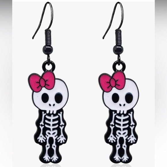 Skeleton Earrings with Pink Bow - Picture 1 of 2